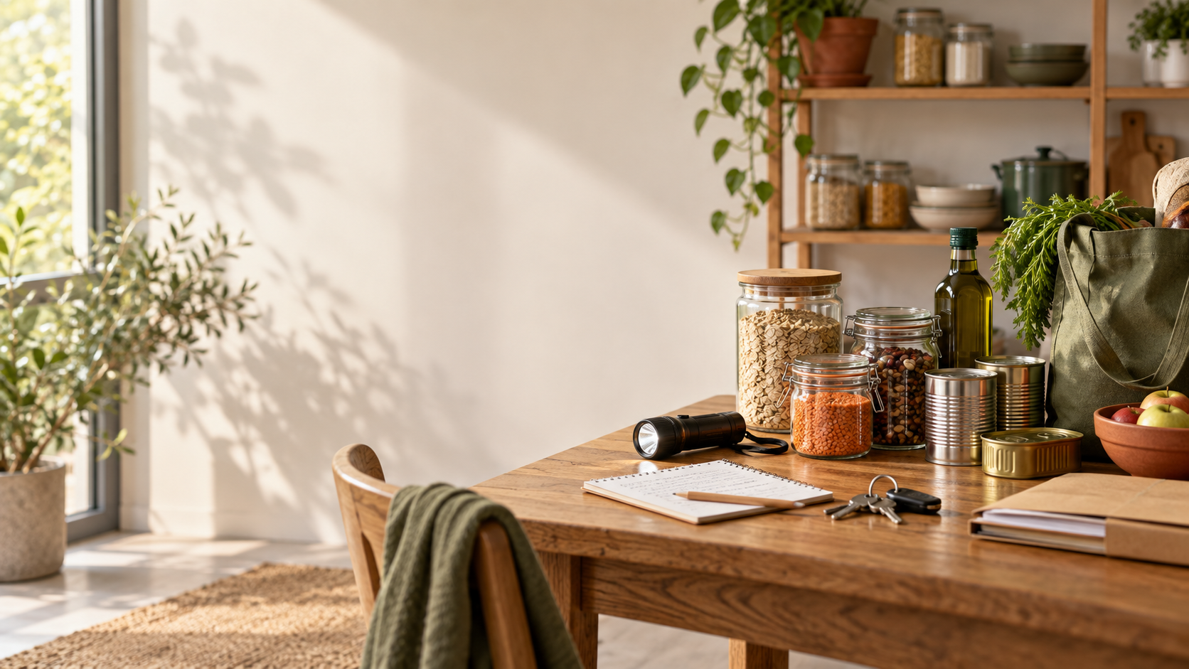 Foyer qui tient Table de cuisine avec réserves, carnet et lampe, prête pour organiser le foyer