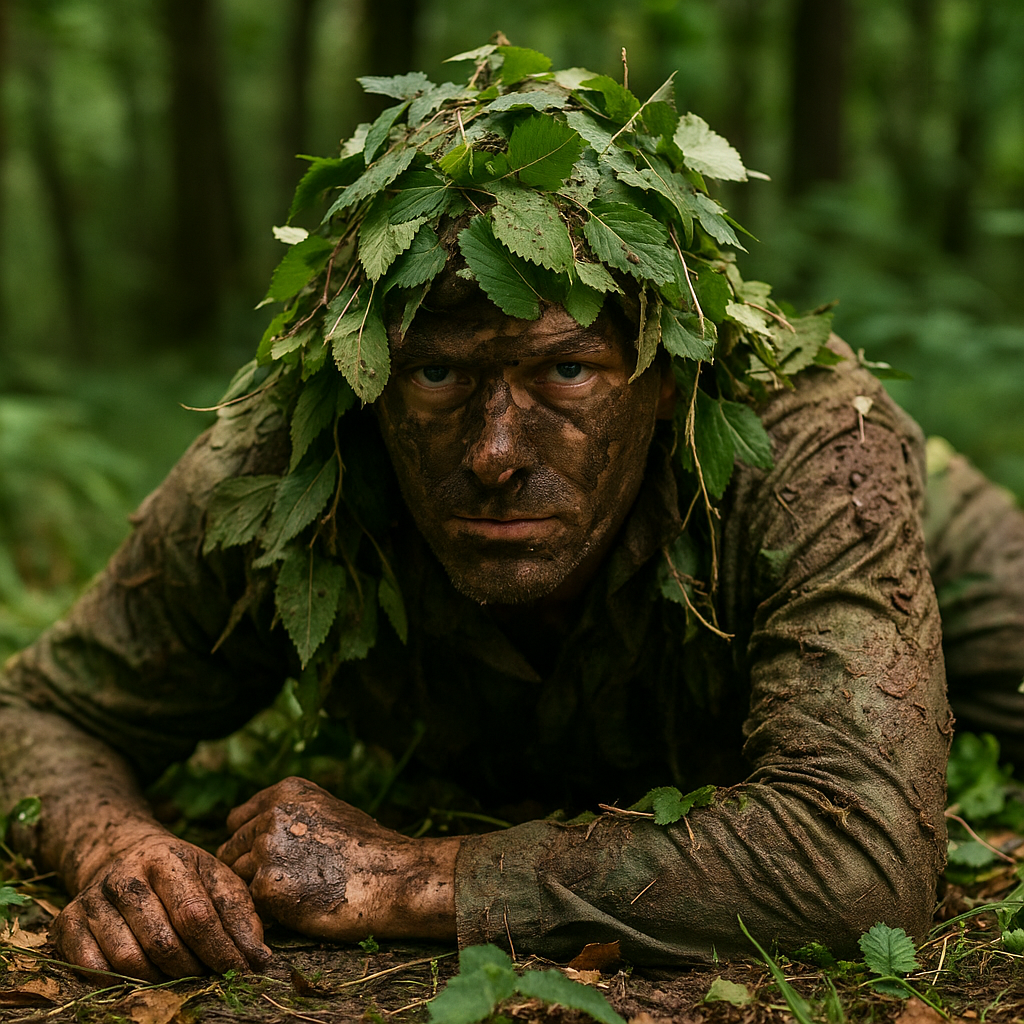 une personne recouverte de boue et feuillage, dissimulée en forêt