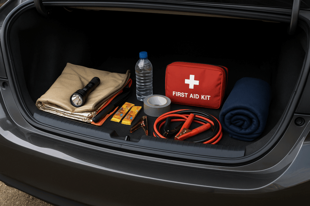 coffre de voiture ouvert, montrant un kit de survie bien organisé (couverture, lampe, câbles de démarrage, bouteille d’eau, trousse premiers secours)