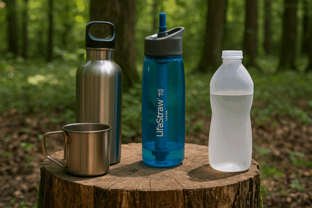 trois gourdes différentes (inox, filtrante, souple) alignées sur une souche en forêt