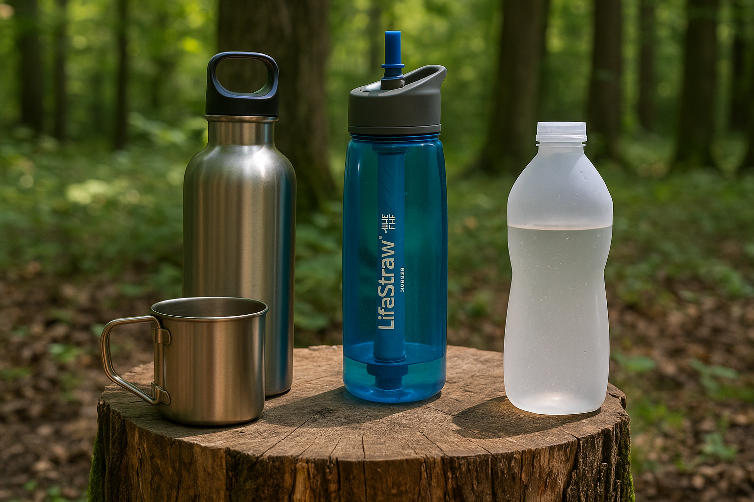 Filtration gravitaire et charbon actif : ce que ces systèmes éliminent réellement trois gourdes différentes (inox, filtrante, souple) alignées sur une souche en forêt