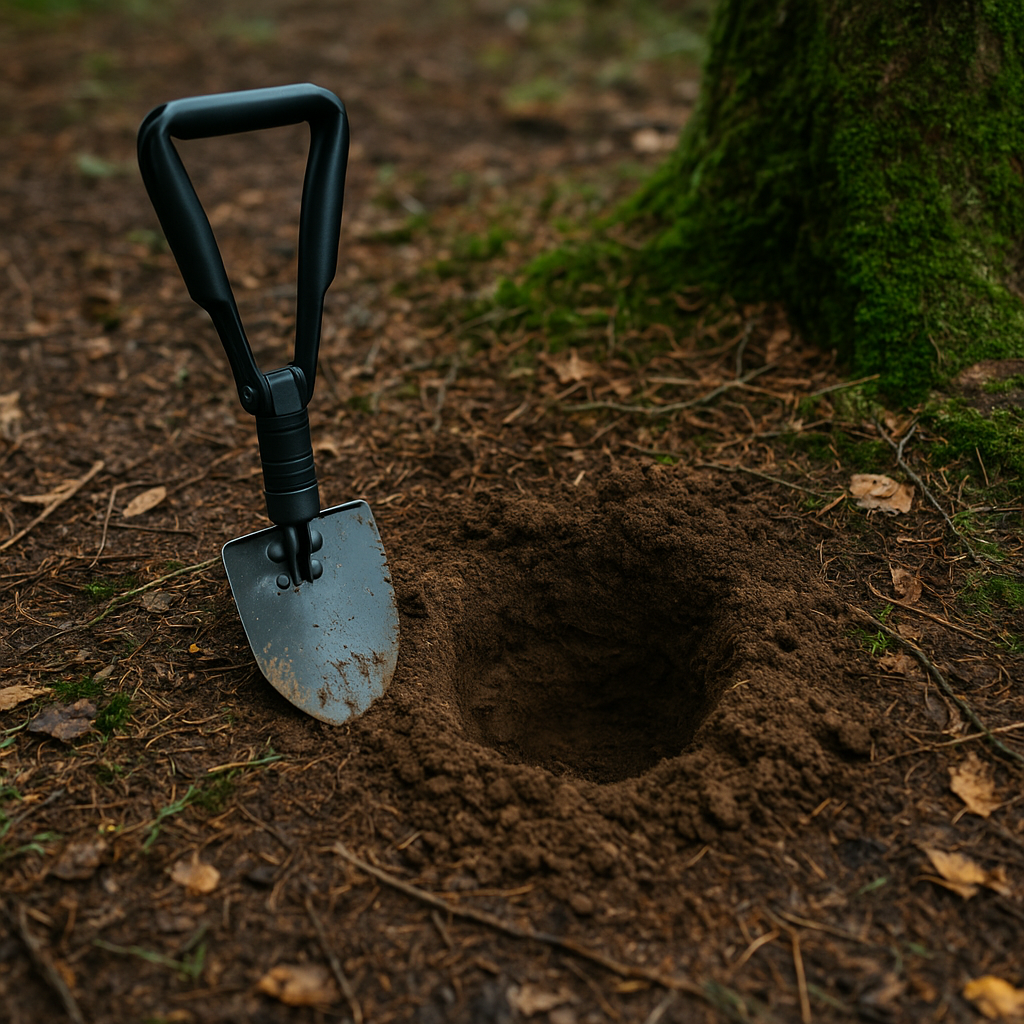 Gérer ses déchets en situation dégradée : hygiène, odeurs et nuisibles une petite pelle pliante posée à côté d’un trou creusé dans la terre, en forêt