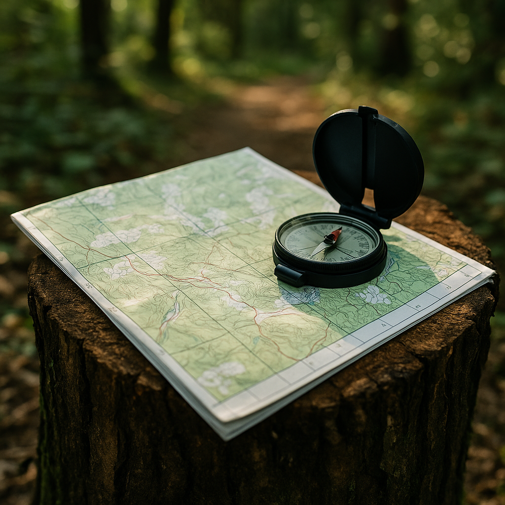 S’orienter en forêt dense sans visibilité : éviter les erreurs de trajectoire et garder la bonne direction une carte topographique et une boussole posées sur une souche en forêt