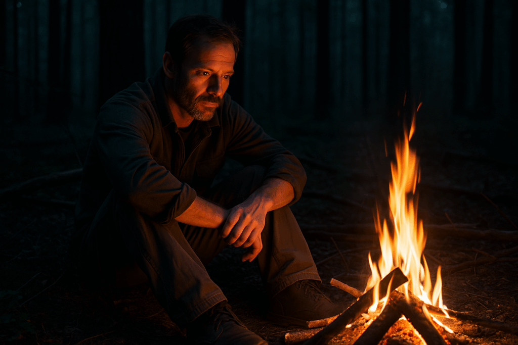 une personne seule assise près d’un feu de camp, le regard calme et concentré.