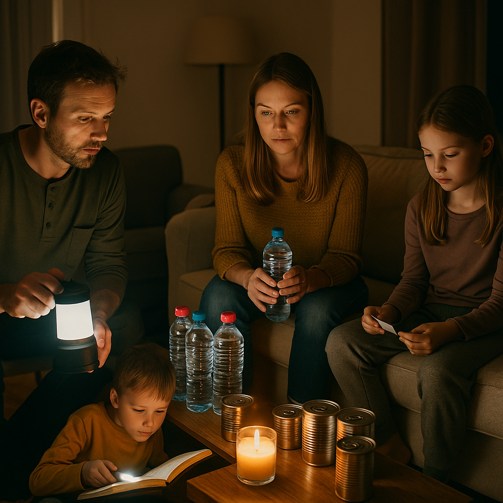 Survivre à un hiver sans chauffage : organisation pièce par pièce une famille rassemblée dans une pièce éclairée par des lampes de fortune, avec des bouteilles d’eau et des conserves visibles.