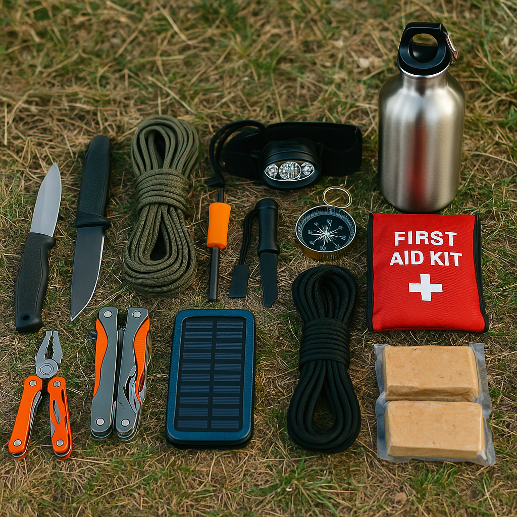 une photo réaliste montrant les 10 objets du kit de survie posés ensemble sur une surface en bois (couteau, multitool, briquet, pierre à feu, lampe frontale, boussole, trousse de secours, gourde, paracorde, rations, batterie externe).