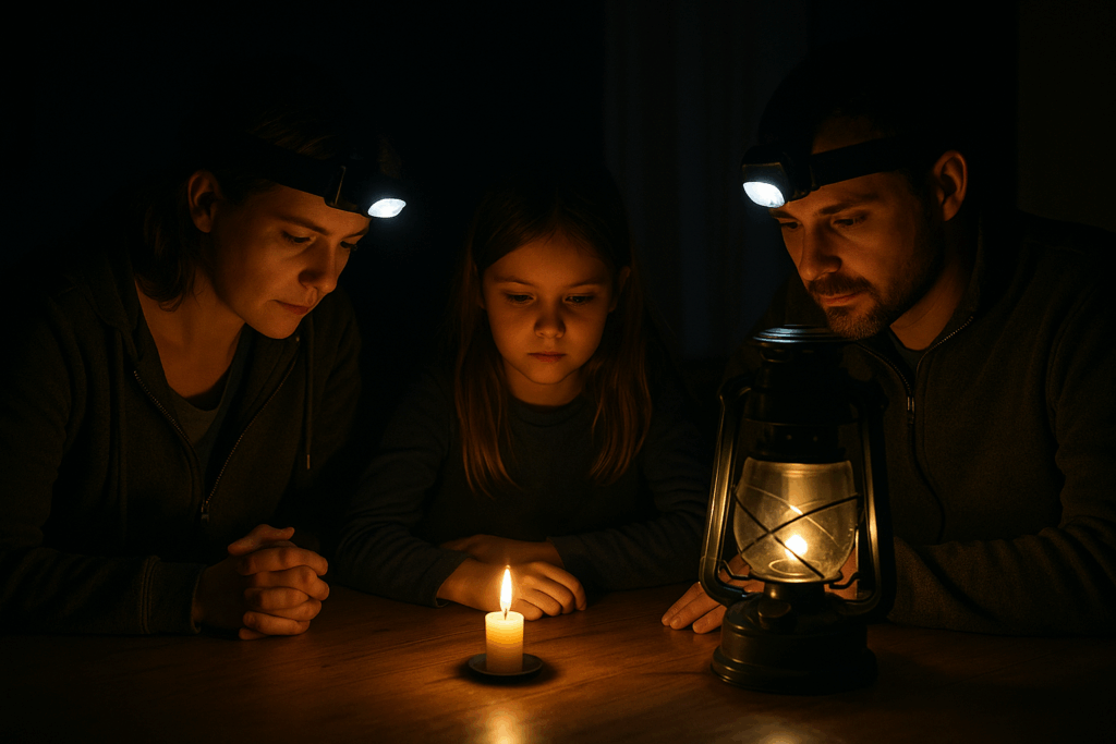 une maison plongée dans le noir, éclairée par des lampes frontales et une bougie, ambiance réaliste (pas stylisée).