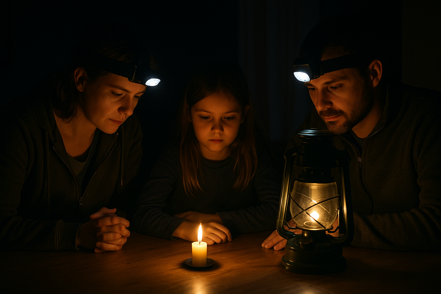 une maison plongée dans le noir, éclairée par des lampes frontales et une bougie, ambiance réaliste (pas stylisée).