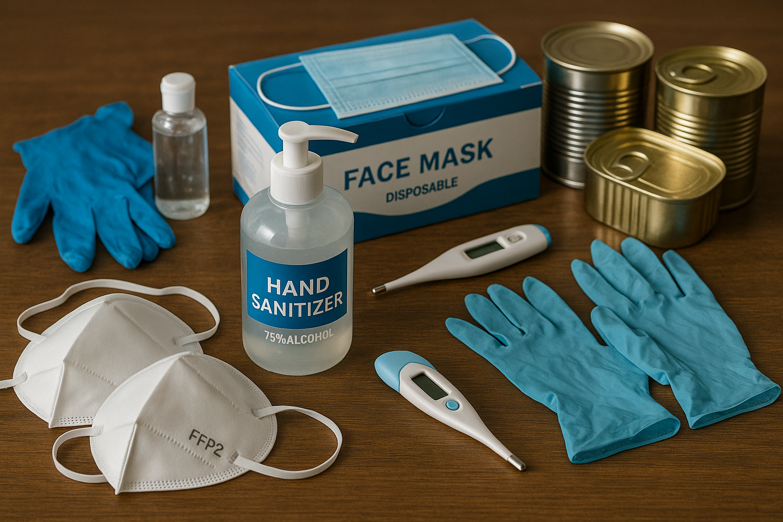 un kit pandémie posé sur une table (masques FFP2, gants, gel hydroalcoolique, thermomètre, gants jetables et boîtes de conserve visibles).