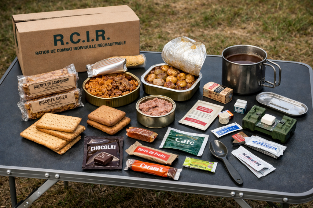Ration militaire RCIR française ouverte avec plats, biscuits, boisson chaude et accessoires sur une table de camping.