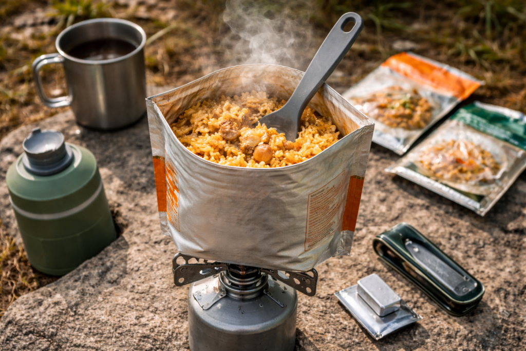 Sachet de repas lyophilisé préparé avec eau chaude, posé sur un réchaud léger en bivouac.