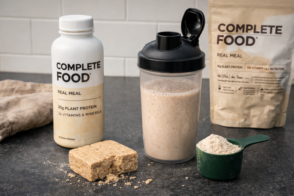 Repas liquide complet prêt à boire et poudre nutritionnelle avec shaker sur un plan de travail.