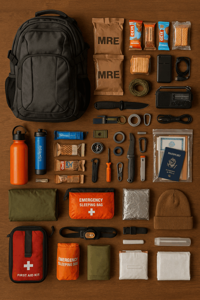 illustration montrant le contenu d’un vrai sac d’évacuation vidé au sol, organisé proprement par catégories : eau, nourriture, vêtements, soins, outils.