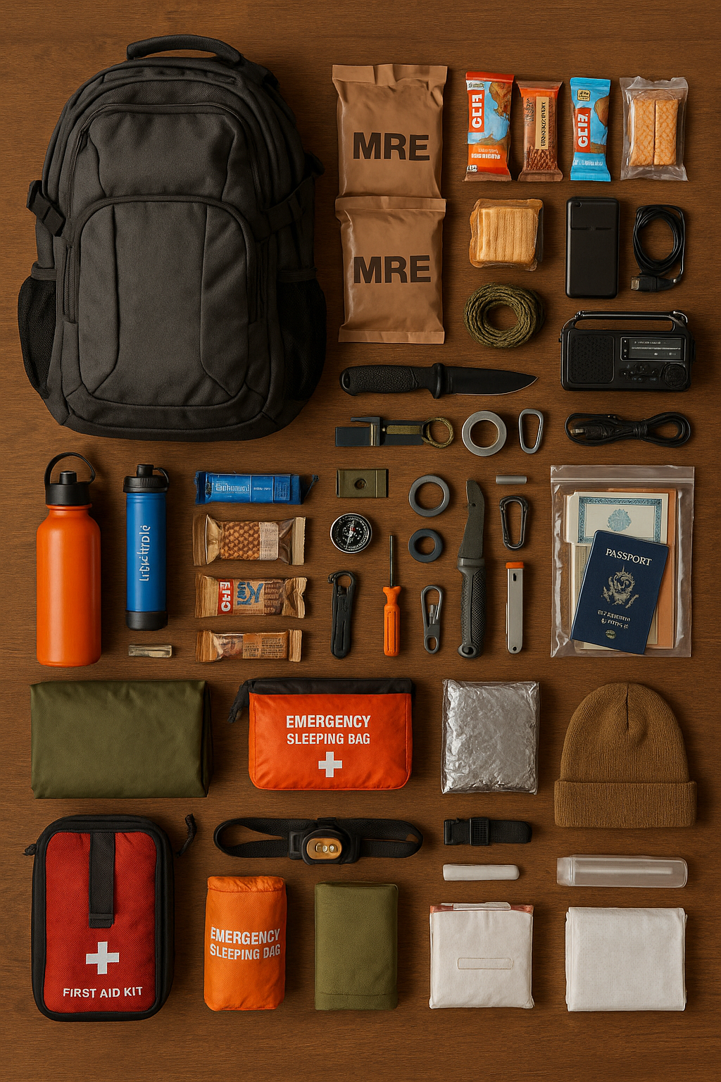 illustration montrant le contenu d’un vrai sac d’évacuation vidé au sol, organisé proprement par catégories : eau, nourriture, vêtements, soins, outils.