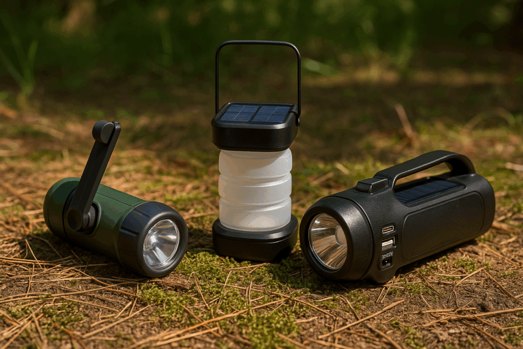 une lampe dynamo et une lampe solaire posées côte à côte sur un tronc en forêt, allumées