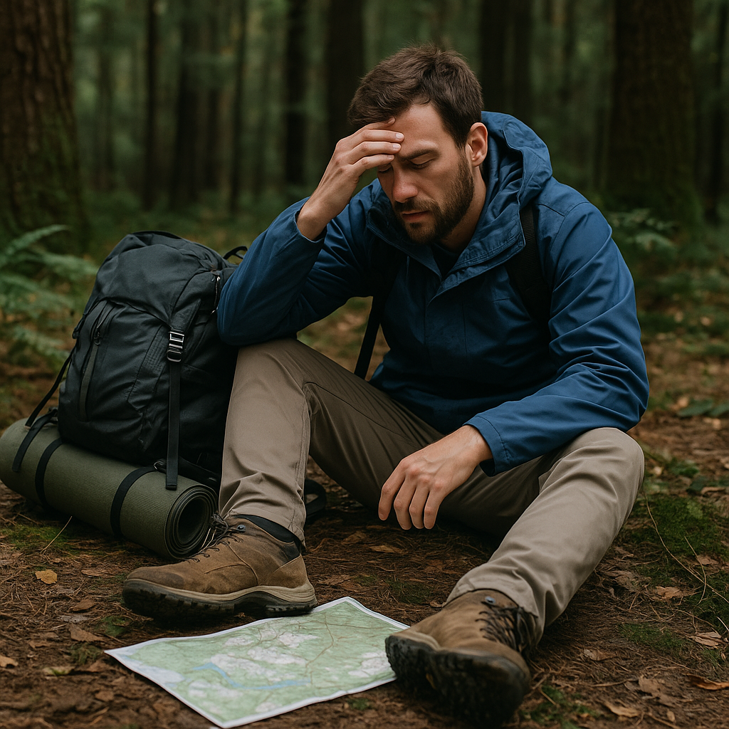 randonneur isolé assis en forêt, observant une carte avec calme