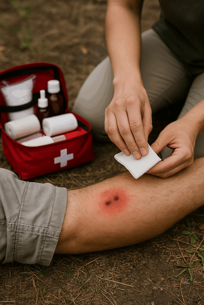 personne allongée au sol, jambe immobilisée après morsure, matériel de premiers secours visible