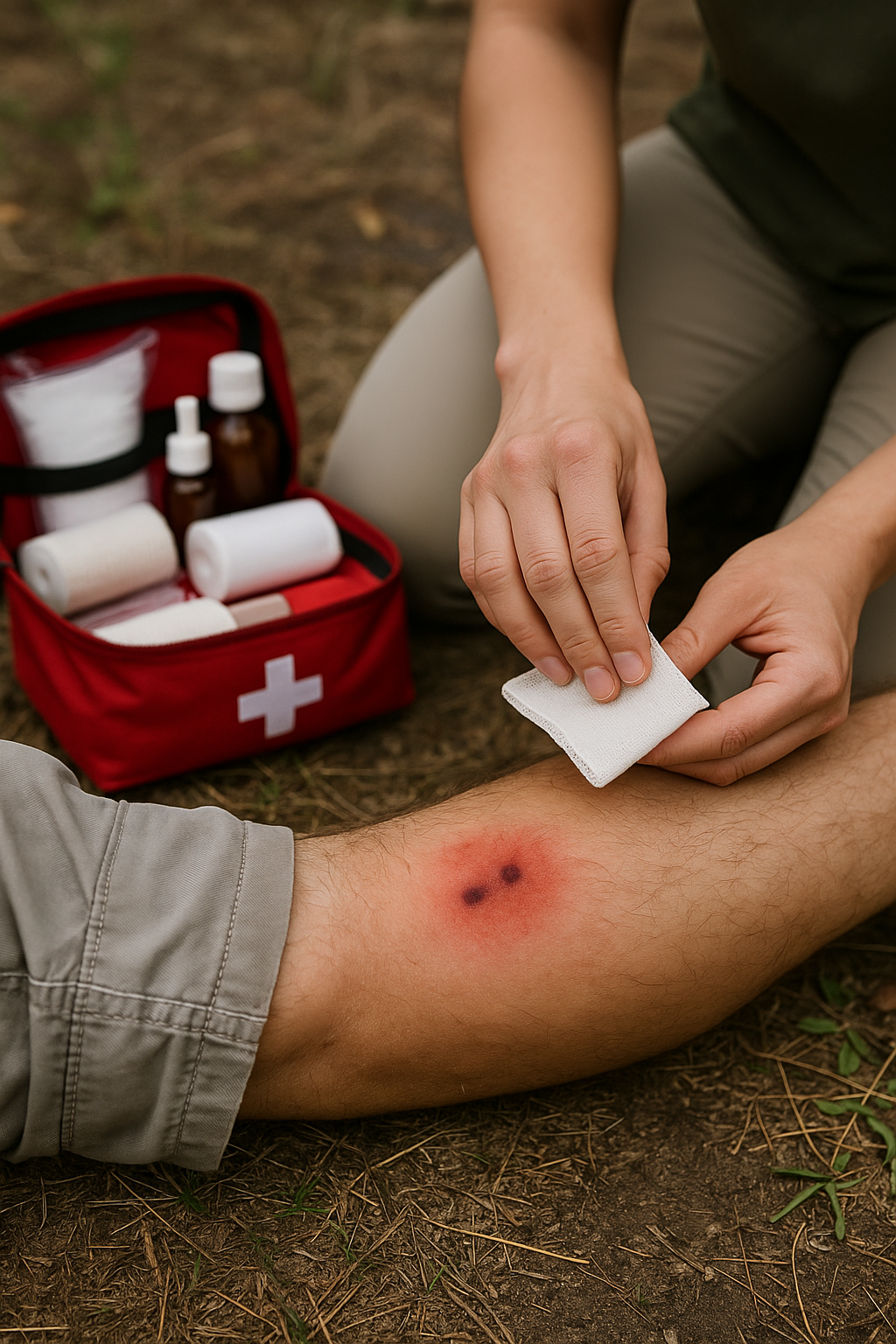 personne allongée au sol, jambe immobilisée après morsure, matériel de premiers secours visible