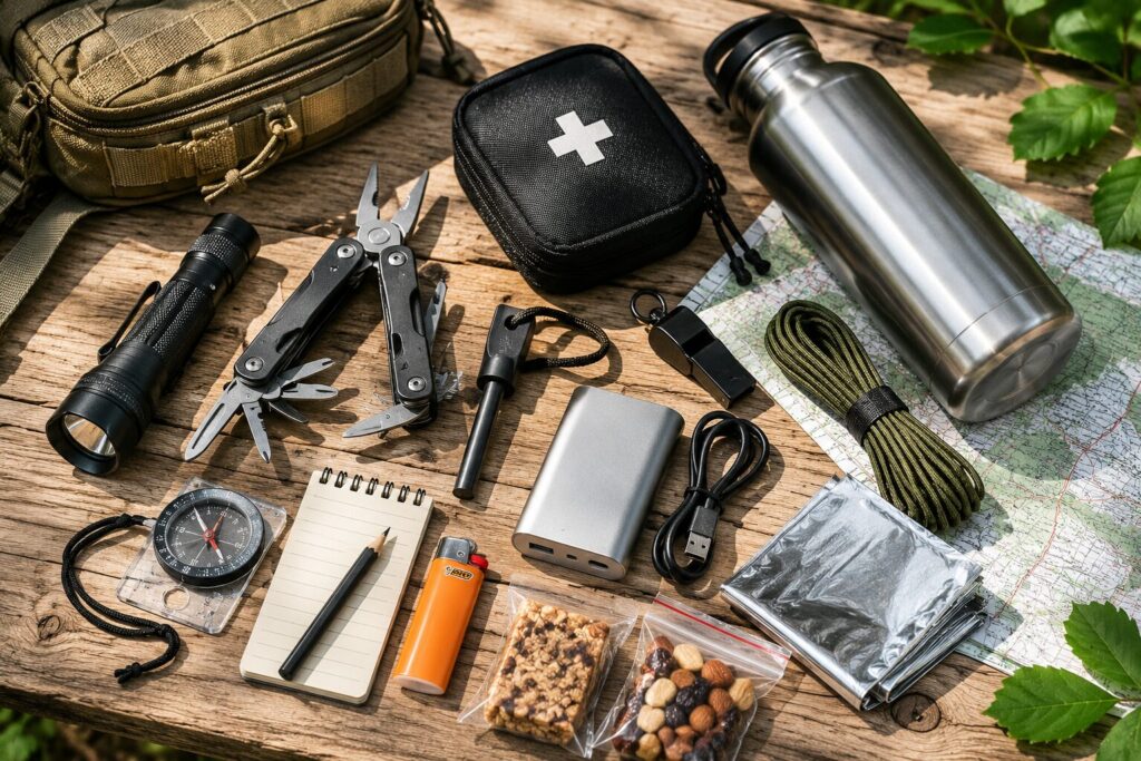 Kit de survie EDC avec 10 objets indispensables posés sur une table en bois
