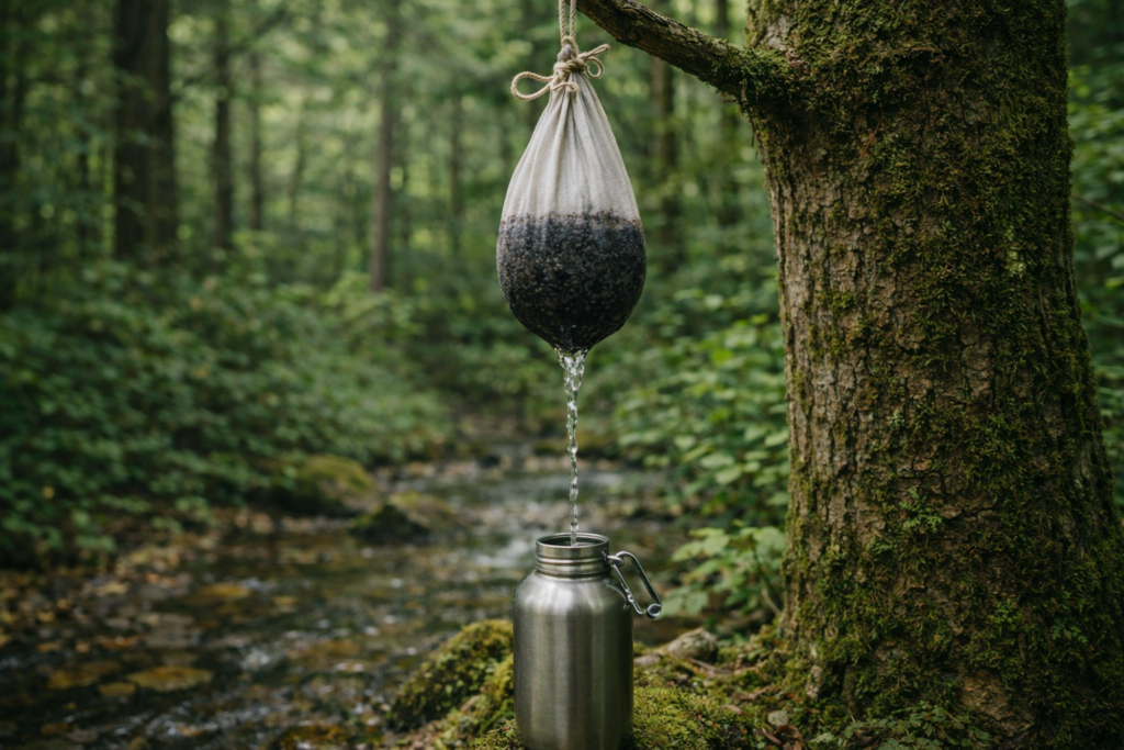 filtration d’eau improvisée avec sac tissu sable et charbon en forêt
