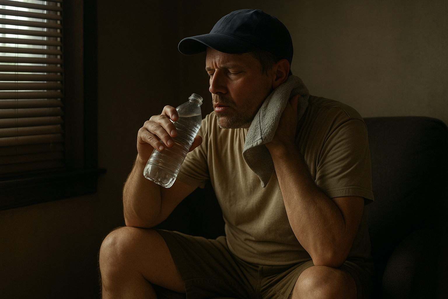 une personne assise dans une pièce sombre avec volets fermés, utilisant une serviette humide sur la nuque et buvant de l’eau.