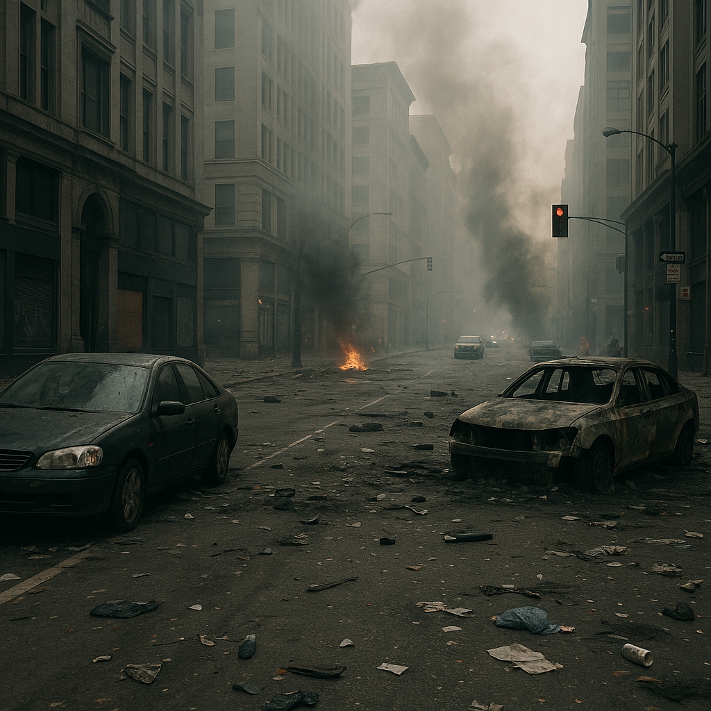 Les erreurs fatales en survie urbaine une rue urbaine en désordre avec fumée et voitures abandonnées, vue réaliste mais sans violence directe.
