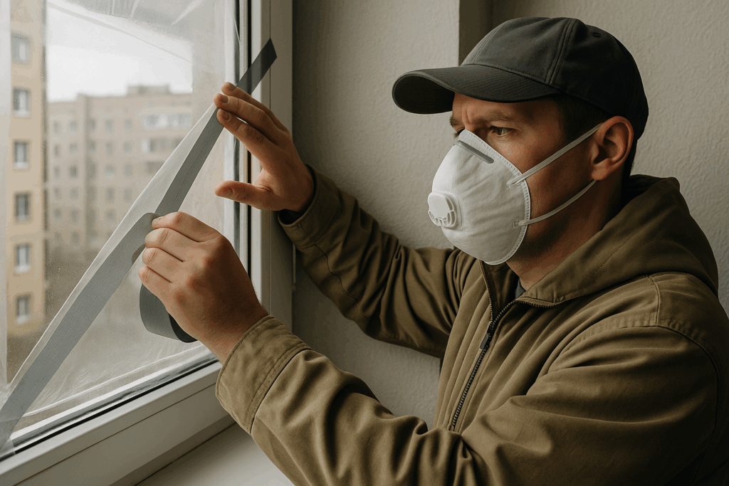 une personne scotchant une fenêtre tout en portant un masque FFP2, ambiance réaliste et urbaine.