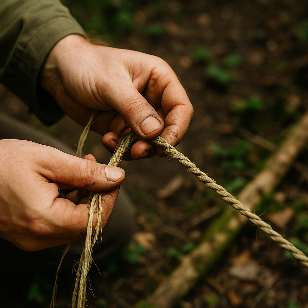gros plan sur des mains en train de torsader des fibres végétales (ortie ou écorce) pour fabriquer une corde en pleine nature.