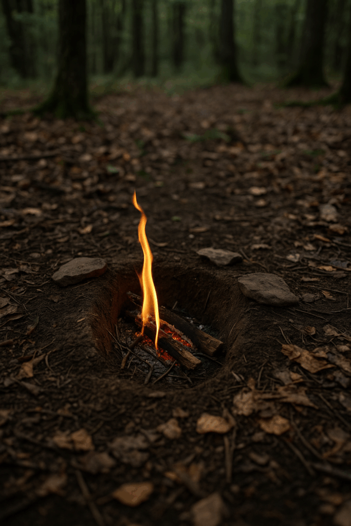 un Dakota Fire Hole creusé dans le sol forestier, avec une flamme basse à peine visible, et aucune fumée apparente. L’environnement est calme, dense et boisé.