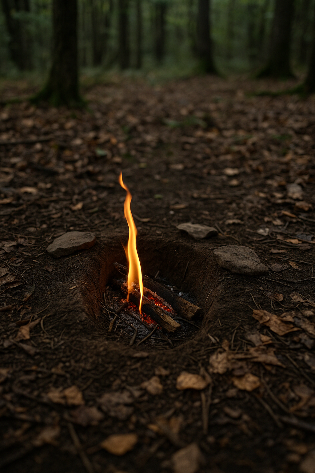 Installer un campement sécurisé sans attirer l’attention un Dakota Fire Hole creusé dans le sol forestier, avec une flamme basse à peine visible, et aucune fumée apparente. L’environnement est calme, dense et boisé.