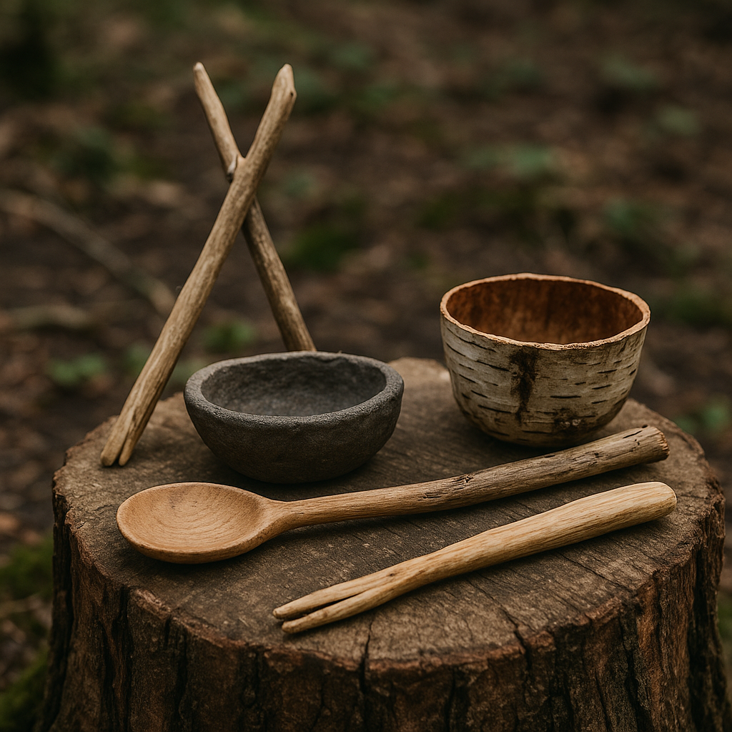 plusieurs ustensiles improvisés posés sur une souche en forêt : cuillère taillée dans une branche, bol en écorce, pince en bois, et pierre creuse utilisée comme récipient. L’image évoque à la fois rusticité, ingéniosité et autonomie.