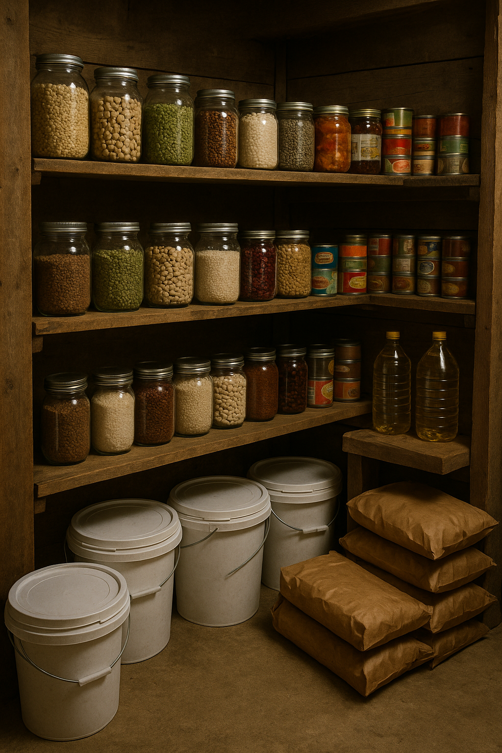 Comment nourrir une famille 30 jours avec des stocks simples Réserve alimentaire familiale organisée avec seaux, bocaux et conserves.