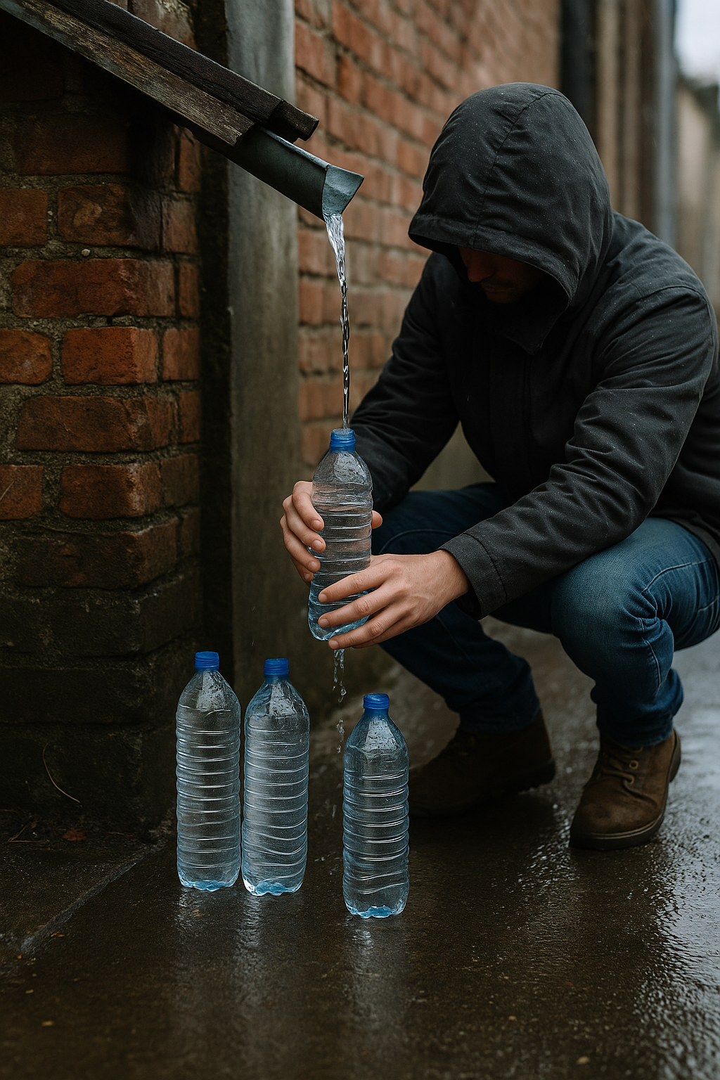 Filtration gravitaire et charbon actif : ce que ces systèmes éliminent réellement Récupération d’eau de pluie en milieu urbain avec bouteilles sous une gouttière.