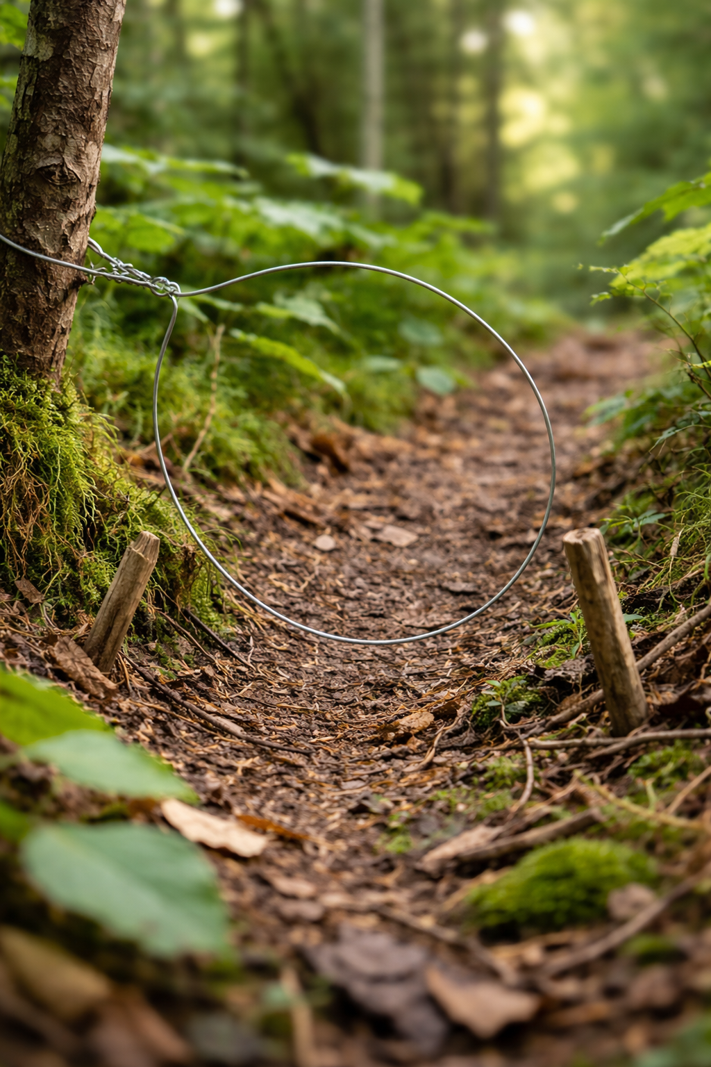 un collet simple en fil métallique installé sur un petit sentier forestier, boucle bien visible.