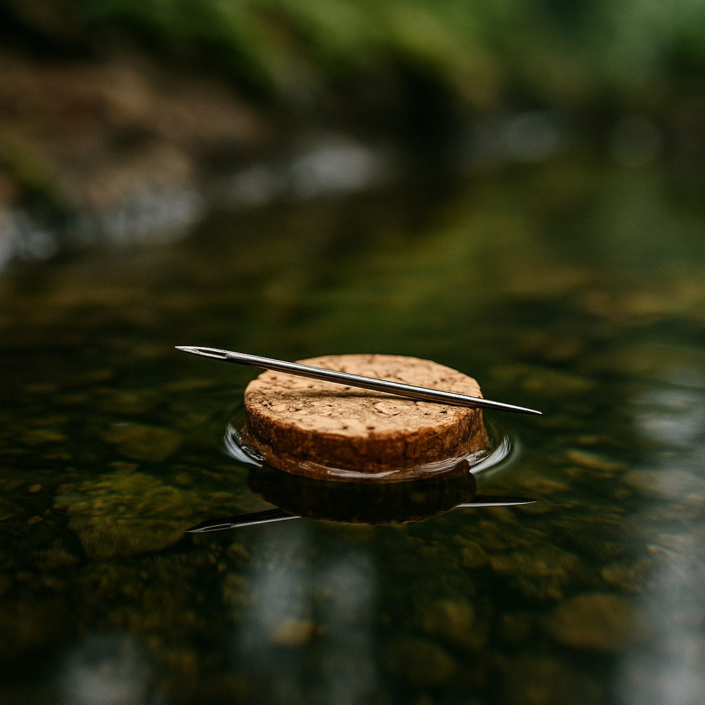 Un récipient d’eau en pleine nature, avec un petit morceau de liège flottant dessus, et une aiguille posée dessus, s’alignant naturellement.