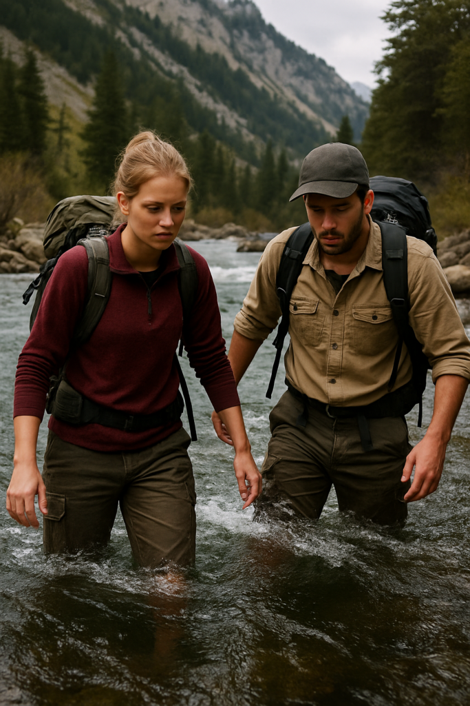 Un groupe de randonneurs traverse une rivière peu profonde, en ligne horizontale, bâtons de marche en main, courant visible mais maîtrisé.