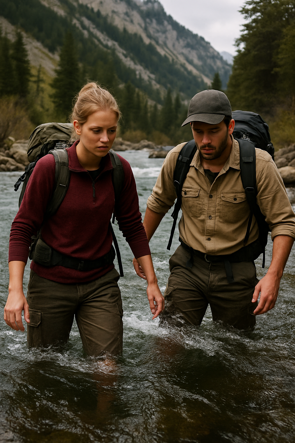 Un groupe de randonneurs traverse une rivière peu profonde, en ligne horizontale, bâtons de marche en main, courant visible mais maîtrisé.