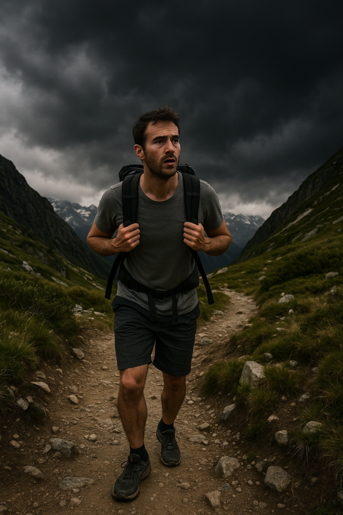 Un randonneur en montagne pris dans un ciel couvert menaçant, mal équipé (ex. baskets, petit sac). Le décor doit montrer le contraste entre beauté et danger. Style photo réaliste documentaire.
