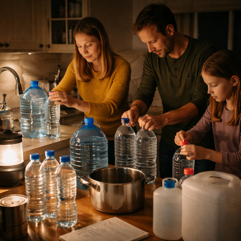 Famille stockant de l'eau la nuit