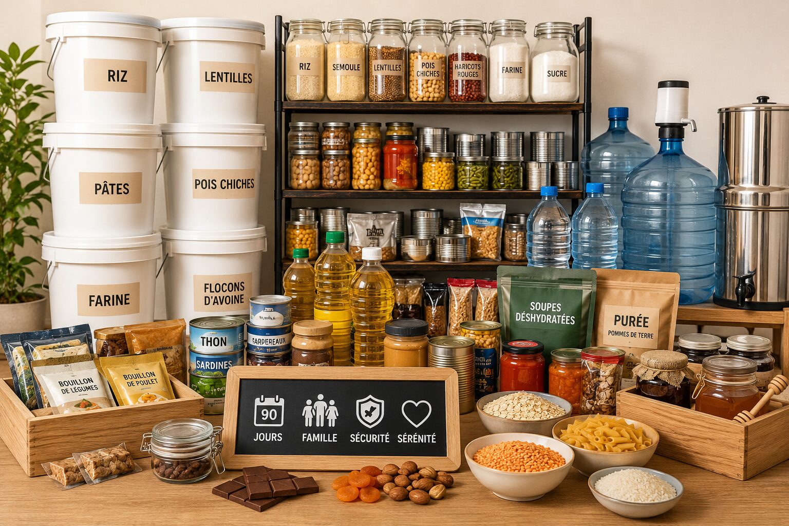 Comment nourrir une famille 30 jours avec des stocks simples Réserve alimentaire familiale organisée avec seaux, bocaux et conserves.