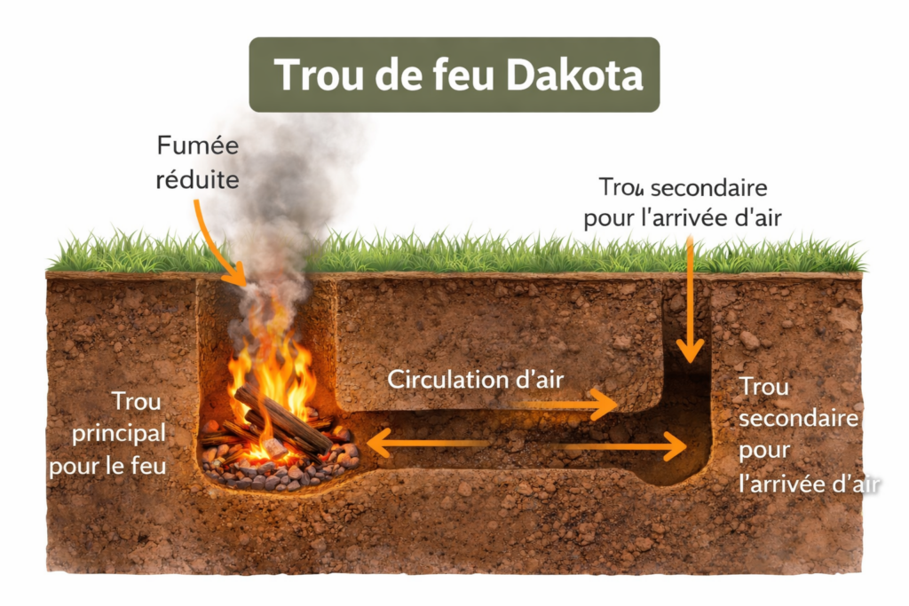 Schéma Dakota Fire Hole feu discret enterré avec arrivée d’air pour combustion propre
