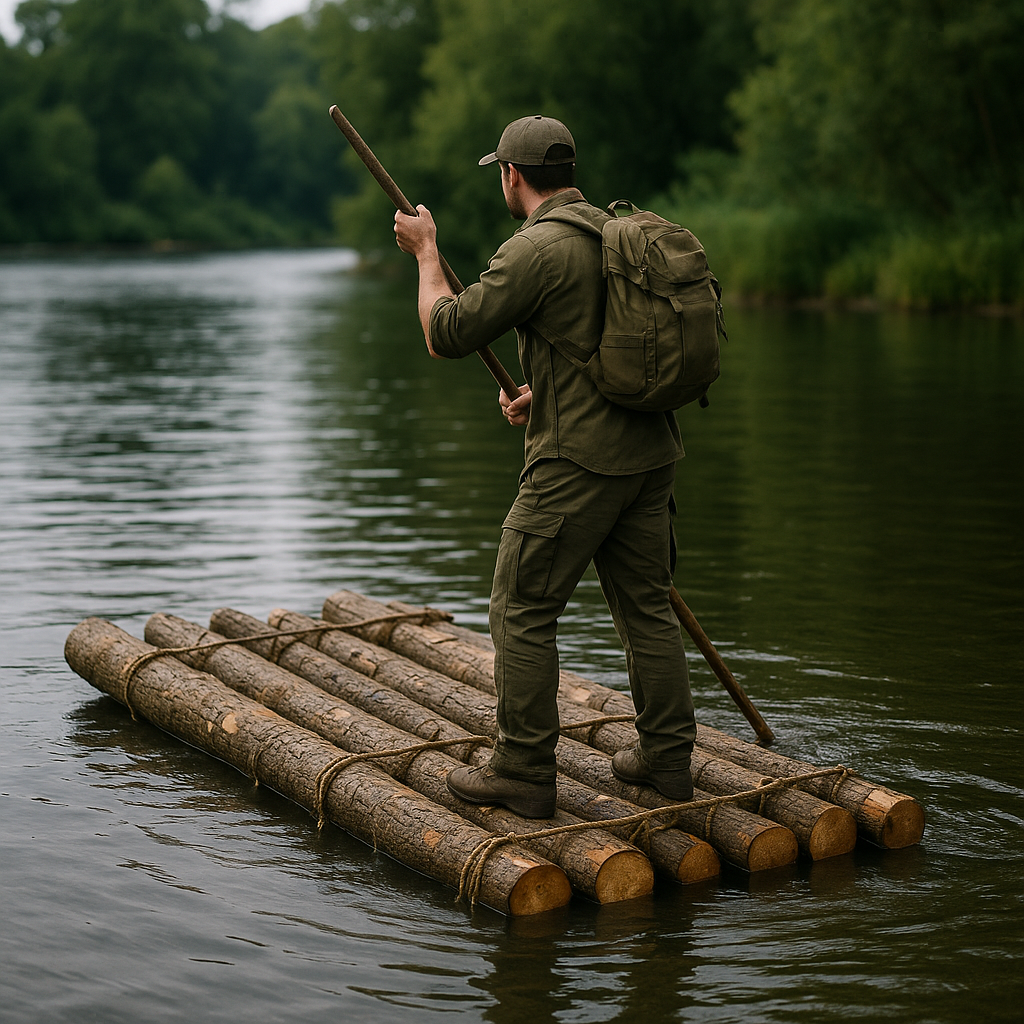 Un radeau de fortune fait de troncs attachés avec des cordes, flottant sur un plan d’eau calme. Une personne est dessus avec une perche pour avancer. Style photo réaliste documentaire.