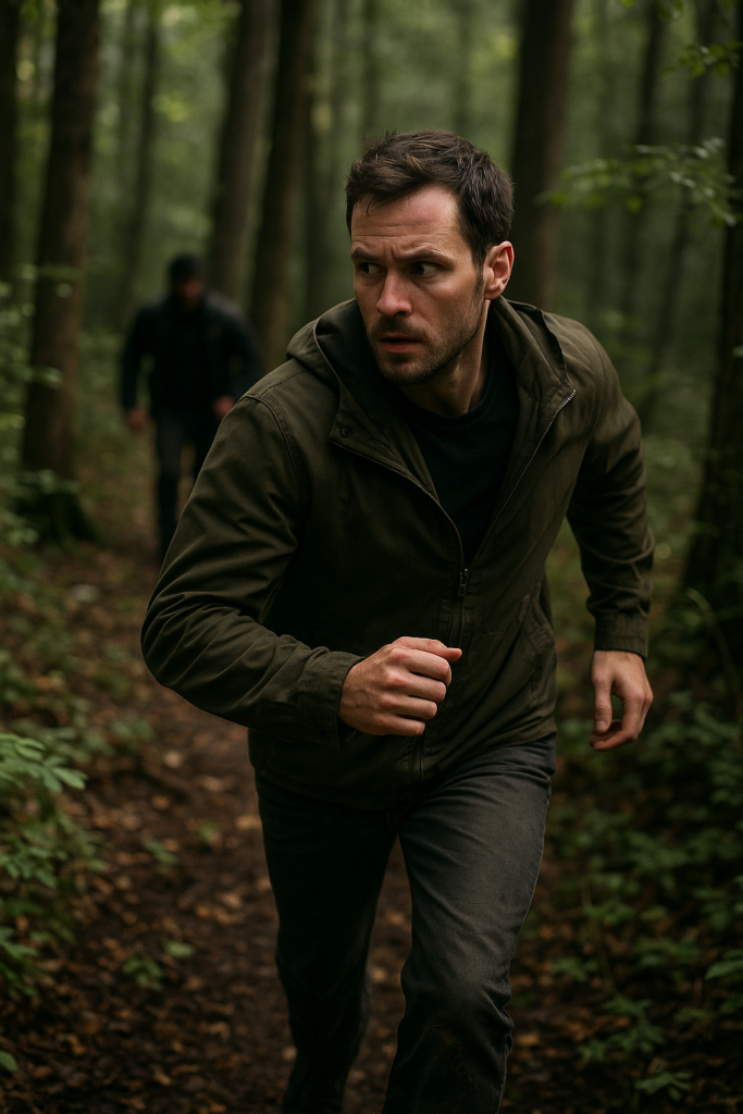 Un individu en tenue sobre traverse rapidement un sous-bois, regardant derrière lui, tandis qu’à l’arrière-plan flou on devine une silhouette qui le suit. Style photo réaliste documentaire, lumière naturelle.