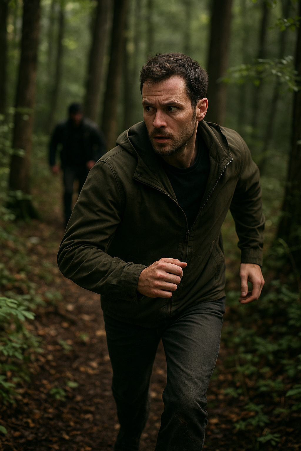 Un individu en tenue sobre traverse rapidement un sous-bois, regardant derrière lui, tandis qu’à l’arrière-plan flou on devine une silhouette qui le suit. Style photo réaliste documentaire, lumière naturelle.