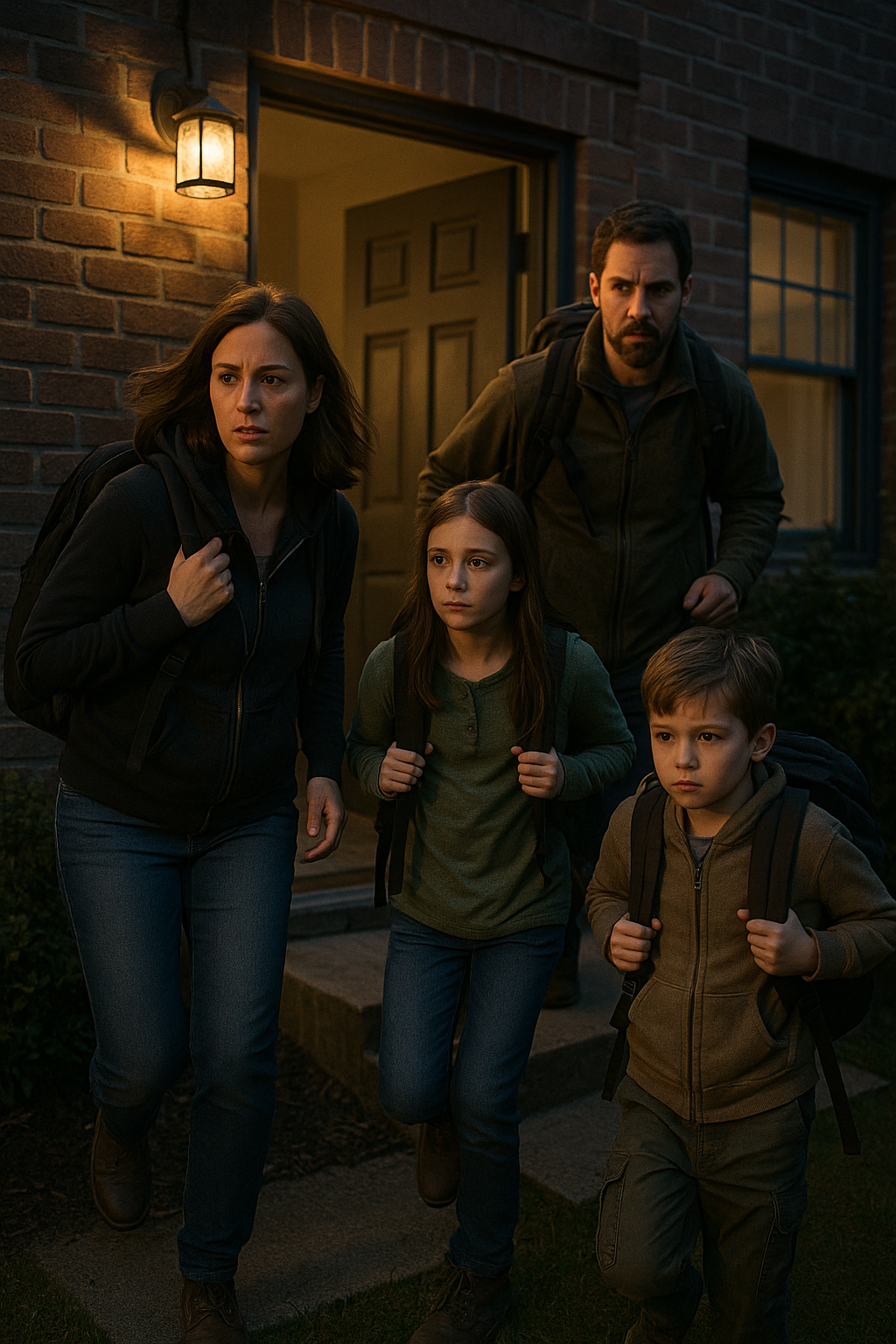 Une famille (2 adultes, 2 enfants) sort précipitamment d’une maison, chacun portant un sac d’évacuation sobre. Nuit ou crépuscule, atmosphère réaliste mais non dramatique. Style documentaire, lumière naturelle, pas de texte.