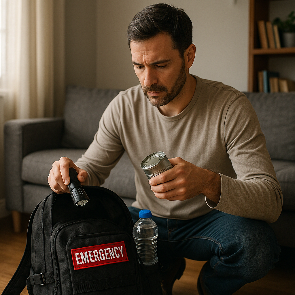 Une photo réaliste d’un citadin (homme ou femme) dans son appartement sobre, en train de vérifier son sac d’urgence posé au sol.