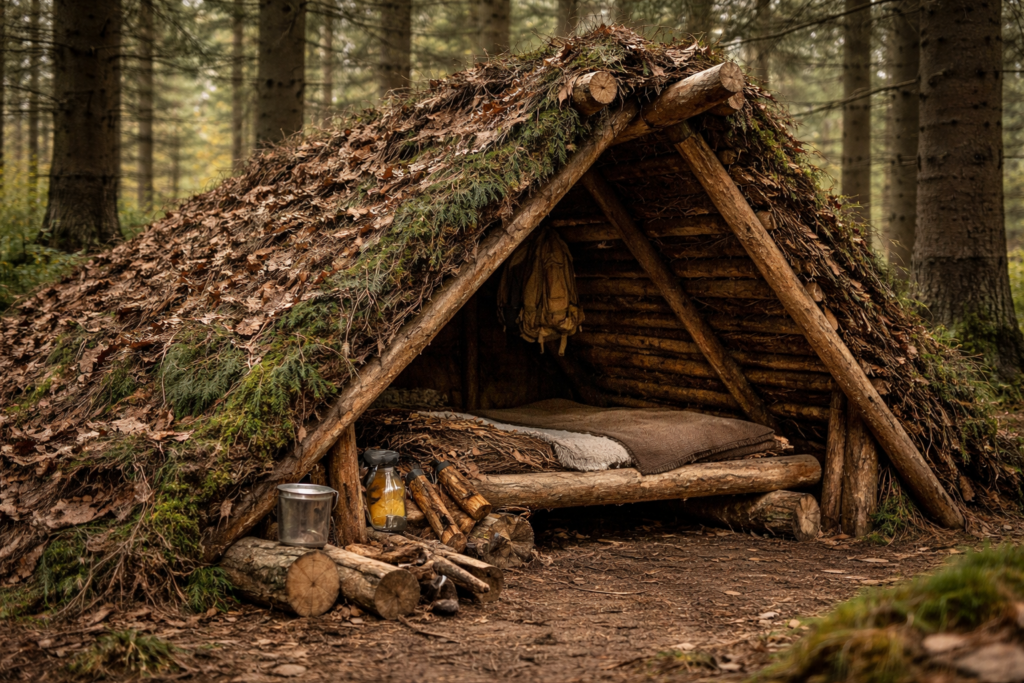 Abri semi-permanent confortable en forêt – toit incliné isolé, parois épaisses, zone couchage surélevée pour survivre plusieurs semaines