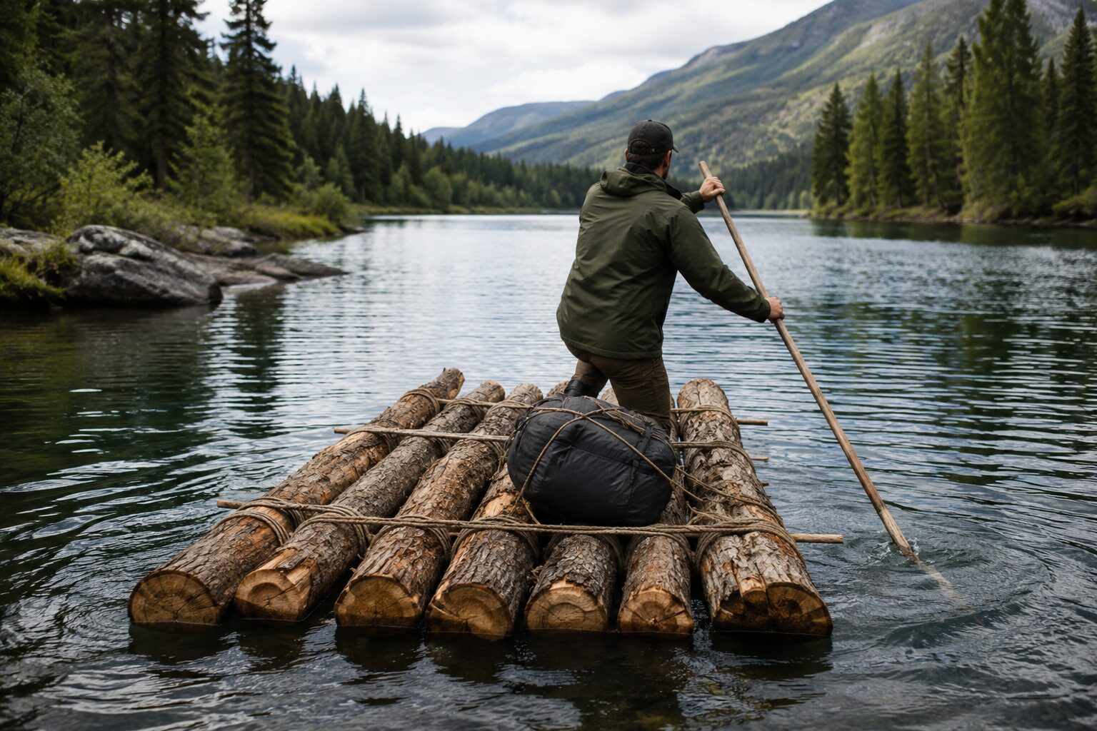Radeau de fortune en bois flottant construit pour traverser un plan d’eau en survie