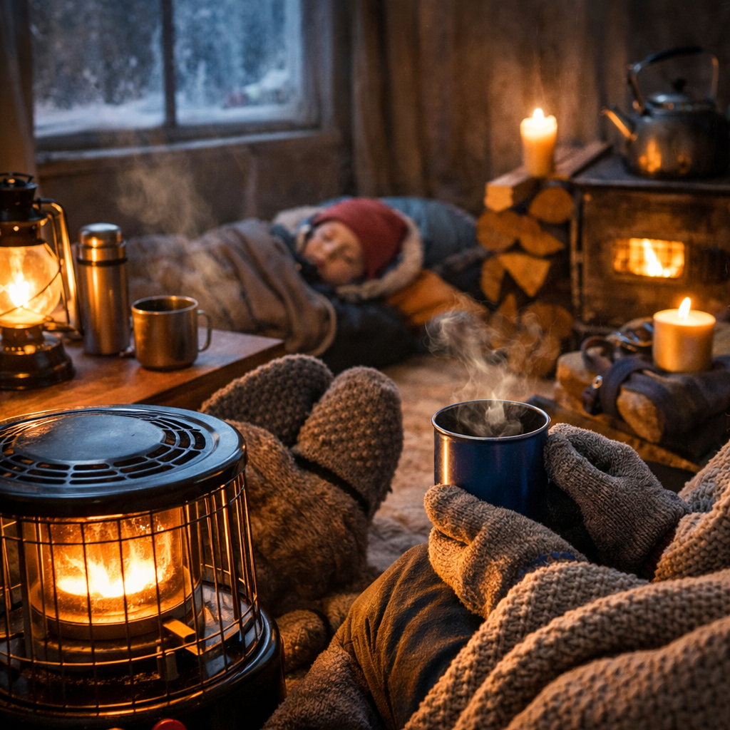 intérieur réaliste d’un salon en hiver, lumière naturelle faible, rideaux épais fermés, tapis au sol, canapé avec une couverture formant un “abri”, bouillotte et thermos sur une table basse, ambiance chaleureuse mais sobre, sans texte.