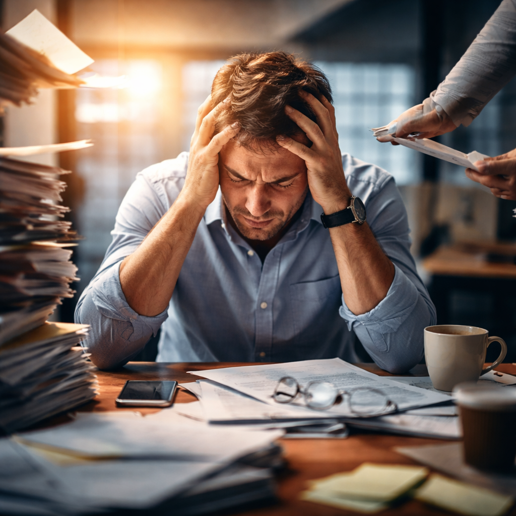 une scène réaliste de bureau ou cuisine, avec une personne assise, mains sur les tempes, écran ouvert et notifications (sans marque), lumière naturelle, ambiance tendue mais crédible.